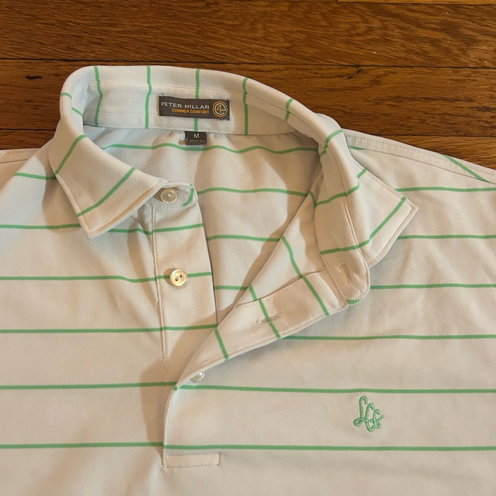 Peter Millar Men's Polo Shirt in White with Green Stripes